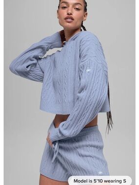 ALO Yoga Light Blue Cable Knit Hooded Sweater